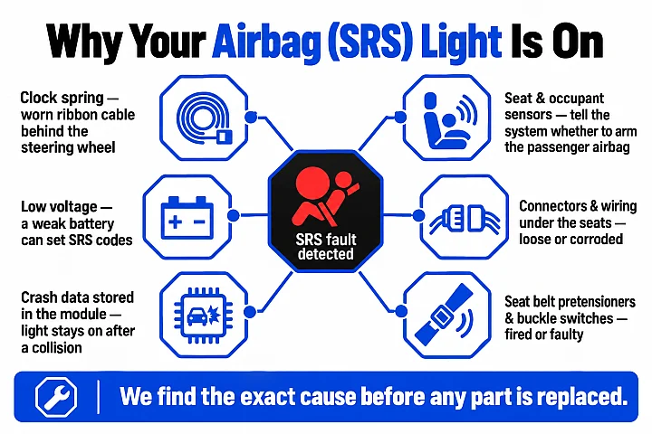 Diagram of six common causes of an airbag (SRS) warning light: clock spring, seat and occupant sensors, under-seat connectors and wiring, seat belt pretensioners, stored crash data, and low battery voltage.