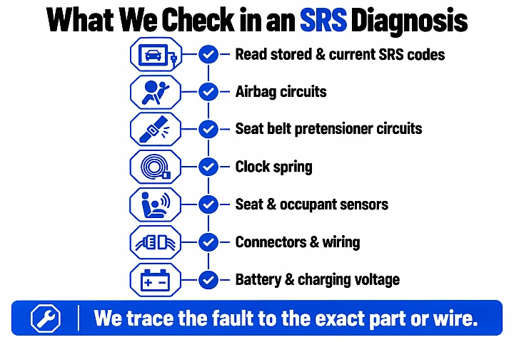Checklist of what an SRS diagnosis covers: reading airbag codes, then testing airbag and pretensioner circuits, the clock spring, seat and occupant sensors, connectors and wiring, and battery voltage.