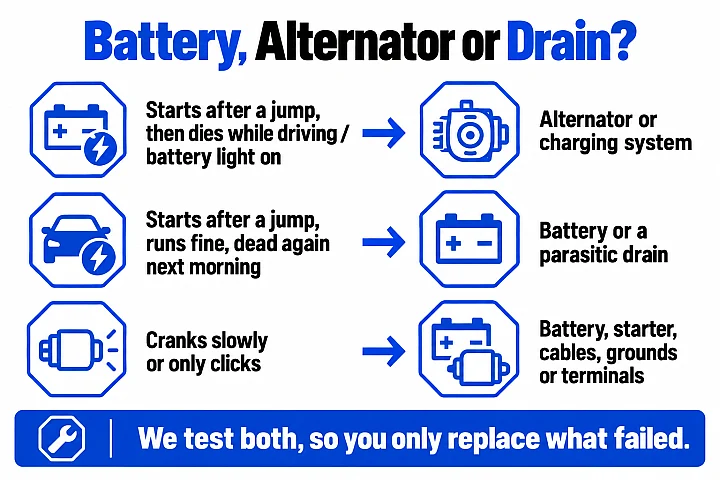 Symptom guide showing that dying while driving points to the alternator, being dead the next morning points to the battery or a drain, and slow cranking or clicking points to the battery, starter or connections.