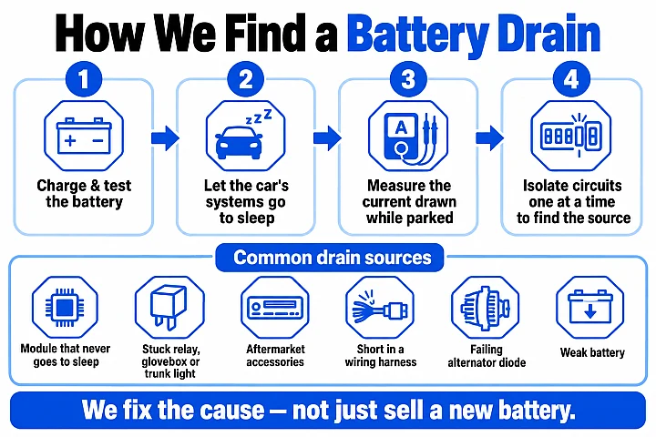 Four-step parasitic battery drain test: charge and test the battery, let systems sleep, measure parked current draw, isolate circuits; with a list of common drain sources.