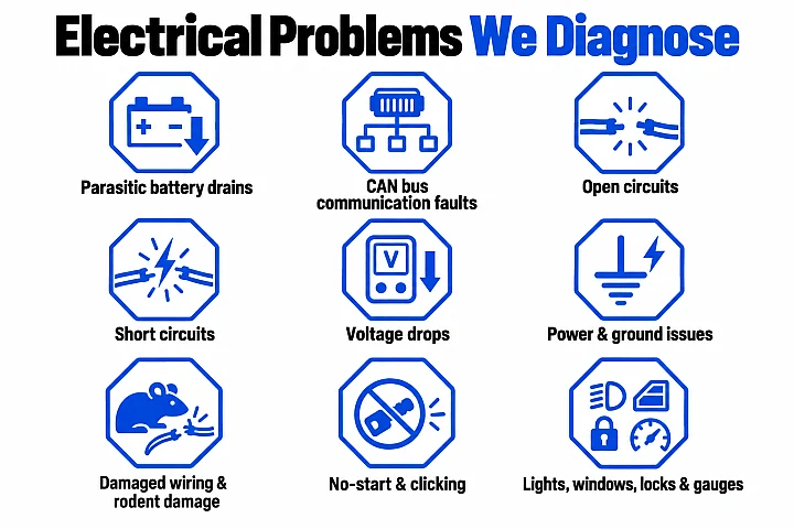 Grid of electrical problems diagnosed: battery drains, CAN bus faults, open and short circuits, voltage drops, power and ground issues, damaged wiring, no-start, and lights, windows, locks and gauges.