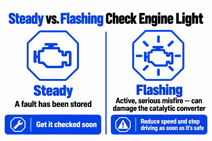 Comparison of a steady check engine light, meaning a stored fault to get checked soon, and a flashing light, meaning a serious misfire where you should stop driving as soon as it is safe.
