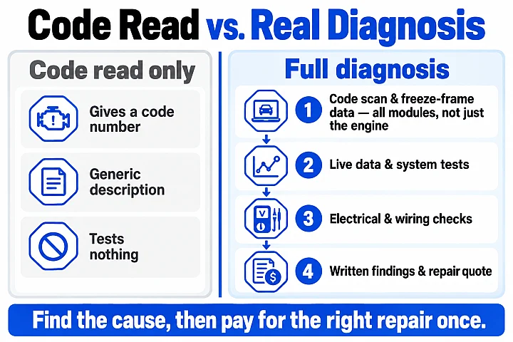 Comparison of a basic code read with a full car diagnostic: code scan and freeze-frame data, live data and system tests, electrical and wiring checks, then written findings and a repair quote.