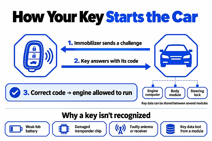Diagram of a car key immobilizer handshake: the car sends a challenge, the key answers with its code, and the engine is allowed to start; with common reasons a key is not recognized.