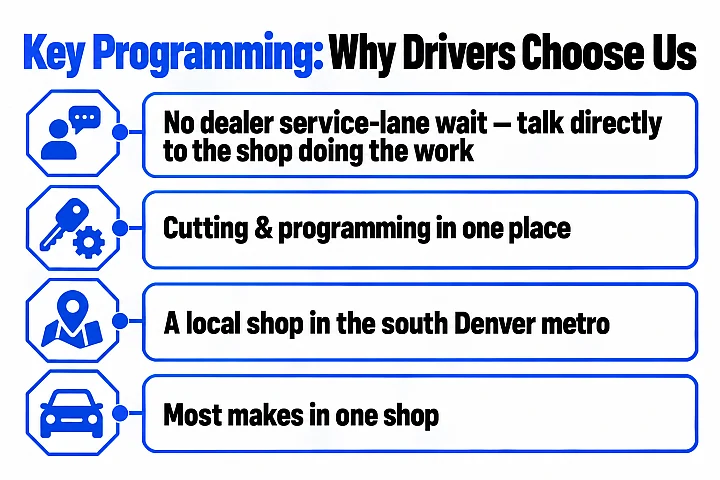 Four reasons to choose our shop for car key programming: no dealer service-lane wait, cutting and programming in one place, a local south Denver shop, and most makes in one shop.