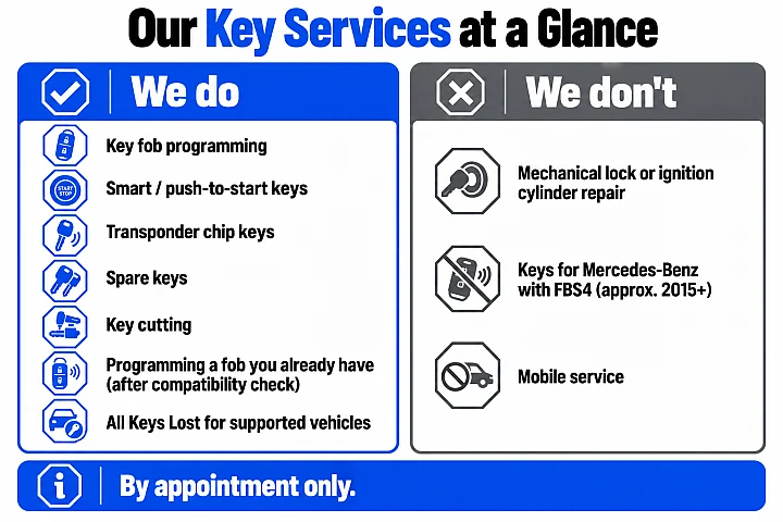 Overview of key services: we program fobs, smart, transponder and spare keys, cut keys and handle all keys lost for supported vehicles; we don't repair lock or ignition cylinders, make keys for Mercedes-Benz with FBS4, or offer mobile service.