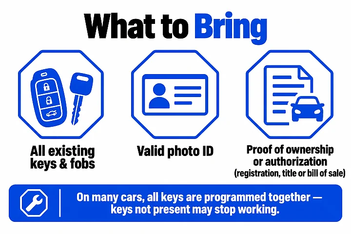 Checklist for key programming: bring all existing keys and fobs, a valid photo ID, and proof of ownership or authorization such as registration, title or bill of sale.