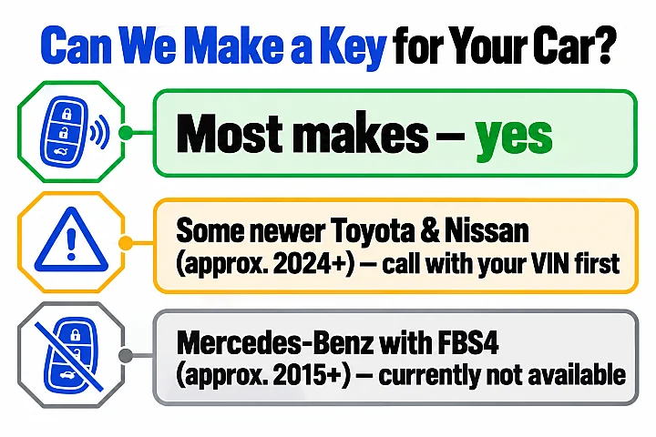 Vehicle support for all keys lost: most makes supported; some newer Toyota and Nissan models need a VIN check first; Mercedes-Benz with the FBS4 system is currently not available.