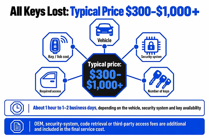 All keys lost price card: typically $300 to $1,000 or more, depending on the vehicle, key or fob cost, security system, required access and number of keys, with access fees included in the final cost, and taking about 1 hour to 1–2 business days.