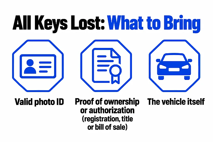 Checklist for all keys lost service: valid photo ID, proof of ownership or authorization such as registration, title or bill of sale, and the vehicle.