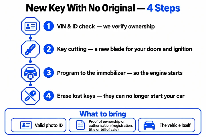 Four steps to make a car key when all keys are lost: VIN and ID check, key cutting, programming to the immobilizer, and erasing the lost keys; plus what to bring: valid photo ID, proof of ownership or authorization (registration, title or bill of sale), and the vehicle.