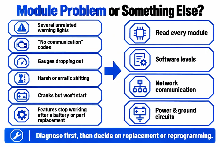 Symptoms of a failing control module, such as multiple warning lights, no-communication codes and erratic shifting, mapped to the checks we perform: reading every module, software levels, network communication, and power and ground circuits.
