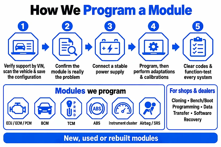 Five-step module programming workflow: scan and save configuration, confirm the fault, connect stable power, program with adaptations, then clear codes and test; with a list of ECU, BCM, TCM, ABS, cluster and airbag modules.