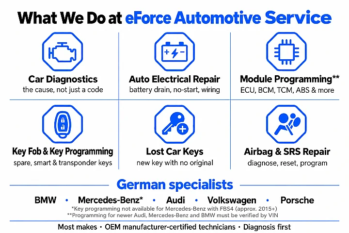 Overview of six eForce Automotive Service services (car diagnostics, auto electrical repair, module programming, key fob programming, lost car keys, and airbag/SRS repair), plus German specialty brands BMW, Mercedes-Benz, Audi, Volkswagen and Porsche; most makes served, with a footnote that key programming is not available for Mercedes-Benz with FBS4 (approx. 2015+).