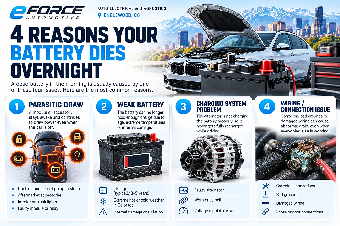 4 common reasons a car battery dies overnight: parasitic draw, weak battery, charging-system problem, and wiring or connection issue.