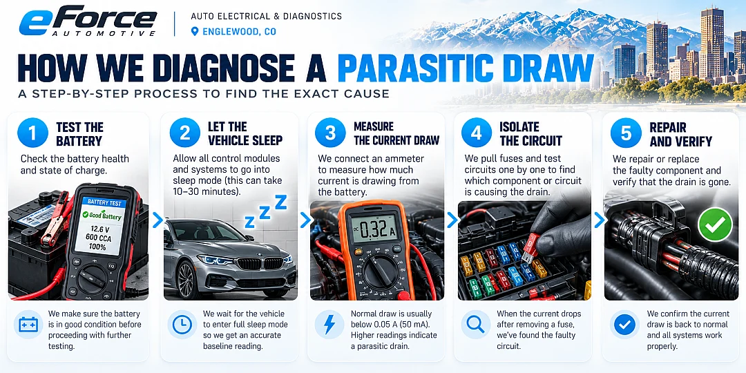 Five-step parasitic battery drain diagnostic process: test battery, let modules sleep, measure draw, isolate circuit, repair and verify.